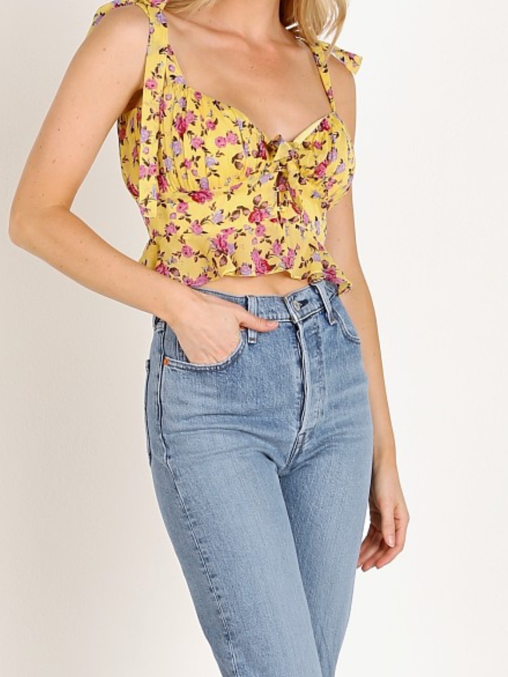 For Love And Lemons Yellow Floral Tie-Front Crop Top